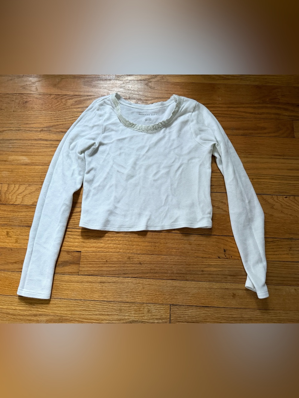 American Eagle Outfitters White Long-Sleeve Waffle Crop Top with Scoop Neck